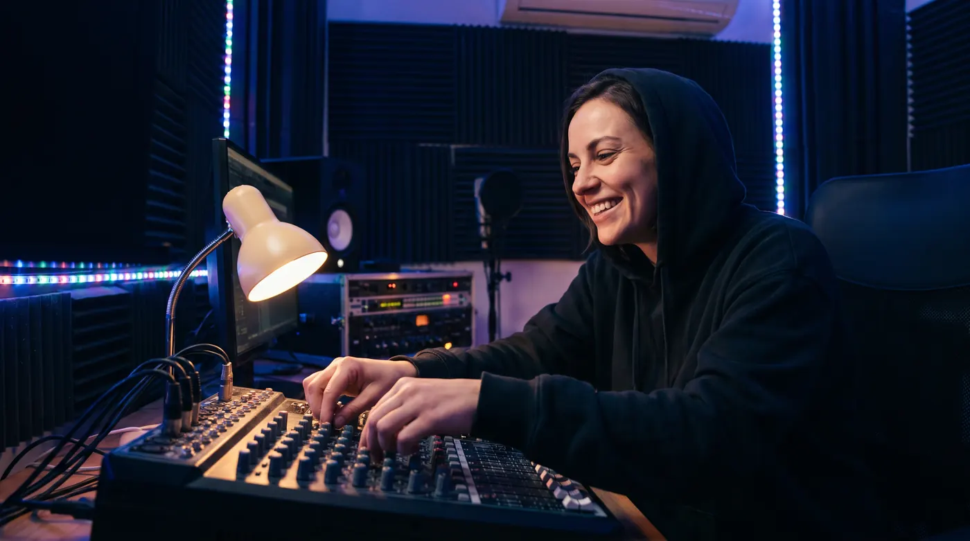 Music creator performing a live looped set for their stream